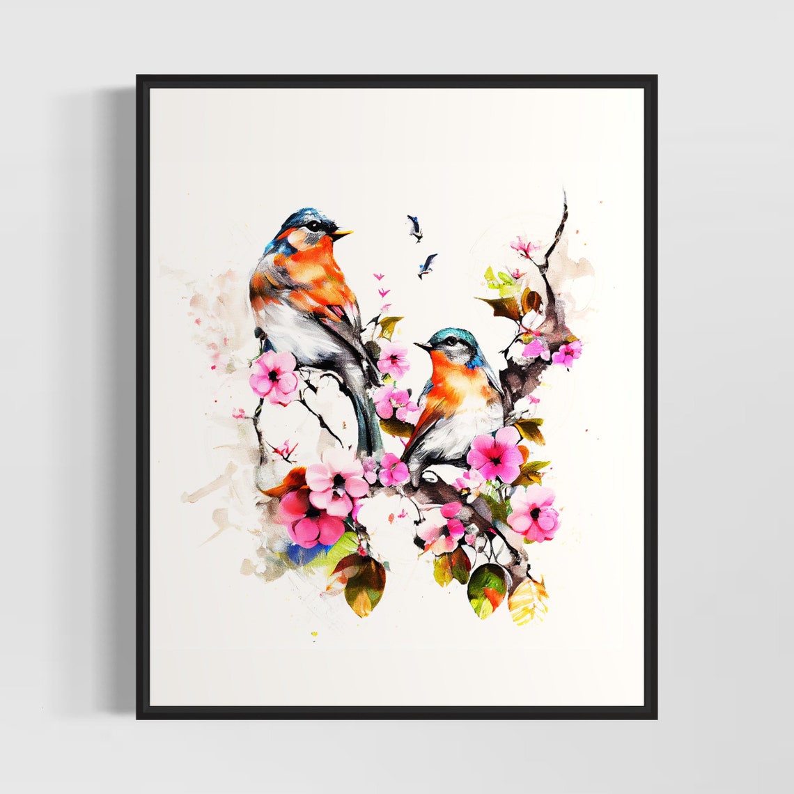 Two Songbirds With Pink Cherry Blossoms Spring Watercolor Poster