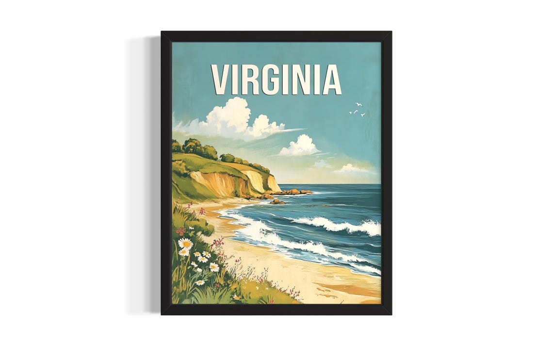 Virginia Atlantic Coastline Beach Cliffs Daisies Vintage Travel Poster