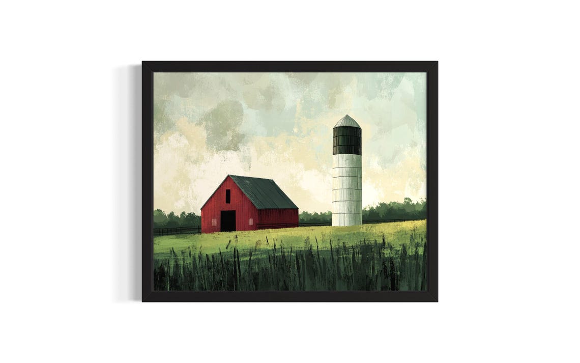 Red Barn and Silo Farmhouse Landscape Watercolor Countryside Poster
