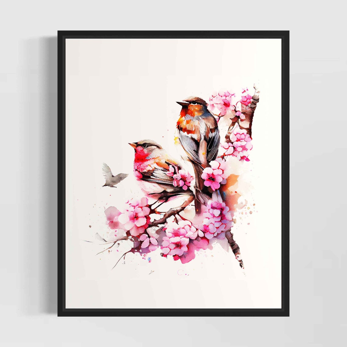 Two Finches Resting on Cherry Blossom Branch Watercolor Poster