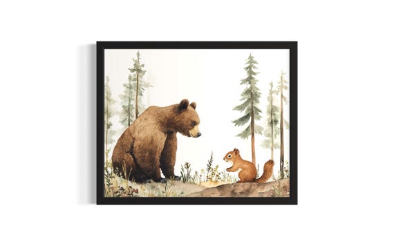 Bear And Squirrel Animal In Harmony Forest Wildlife Poster Art Print Living Room Wall Original Painting Artwork Decor