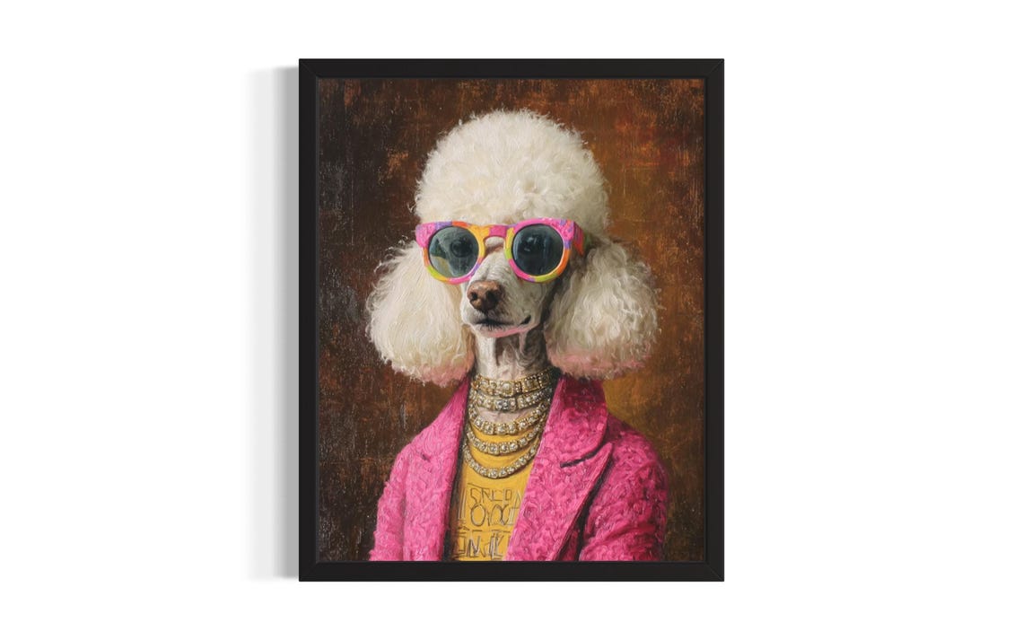 White Poodle Hip Hop Portrait Rainbow Glasses Diamond Chains Poster