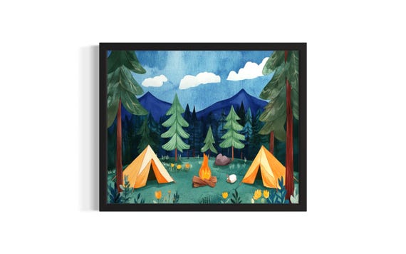Camp With Nature Children Nursery Poster Art Print Living Room Wall Original Painting Artwork Decor
