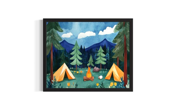 Forest Campfire Tents Mountain Camping Kids Illustration Poster