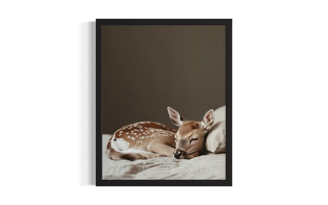 Spotted Fawn Sleeping on a Pillow in a Dark Warm Bedroom Poster