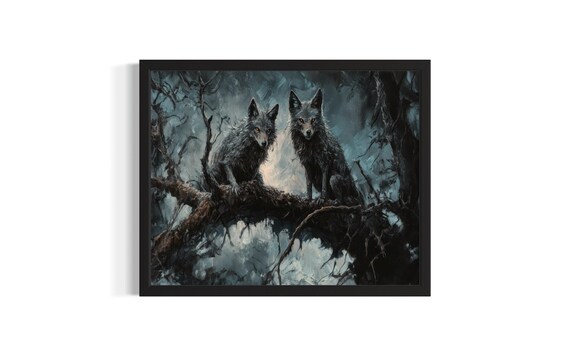 Two Dark Coyotes Glowing Amber Eyes Dead Gothic Forest Art Poster