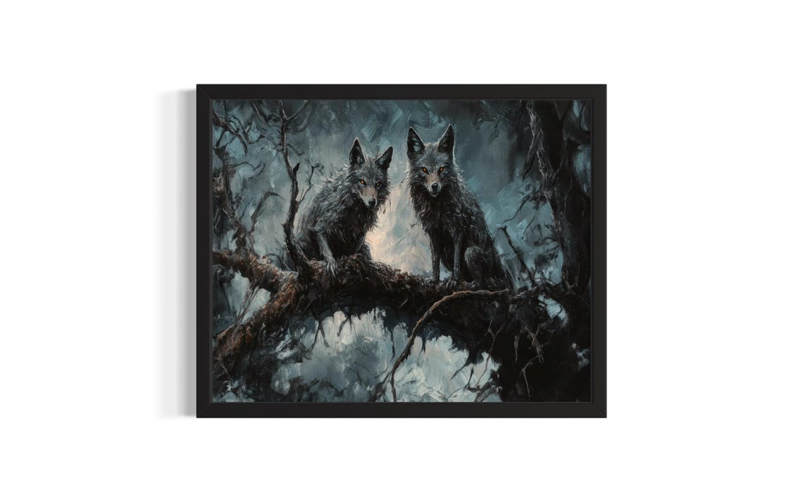 Two Dark Coyotes Glowing Amber Eyes Dead Gothic Forest Art Poster