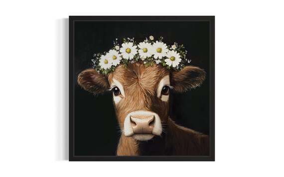 Brown Baby Cow Daisy Crown Portrait on Black Background Poster