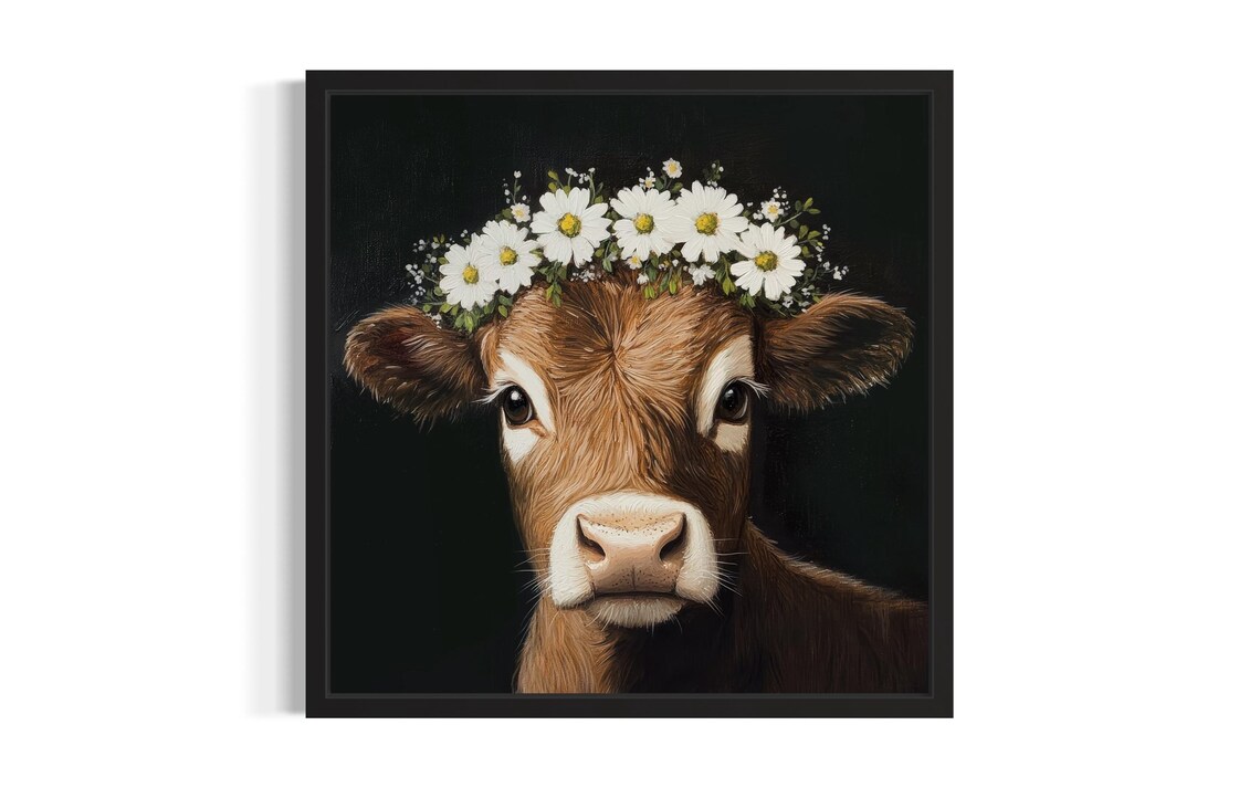 Brown Baby Cow Daisy Crown Portrait on Black Background Poster