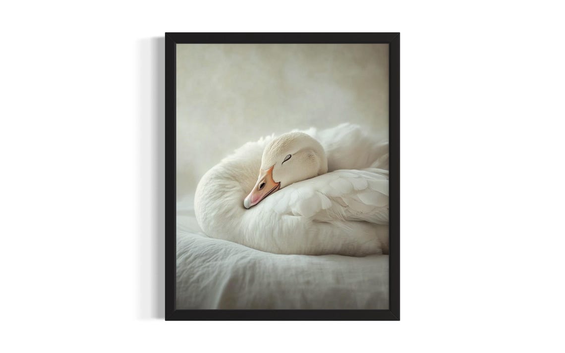 Sleeping White Goose Resting in Cozy Cream Bedding Bird Poster