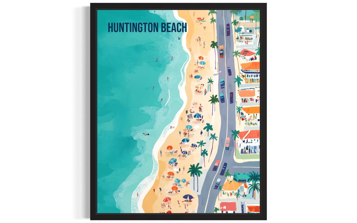 Huntington Beach Aerial Ocean Shoreline View Retro Travel Poster