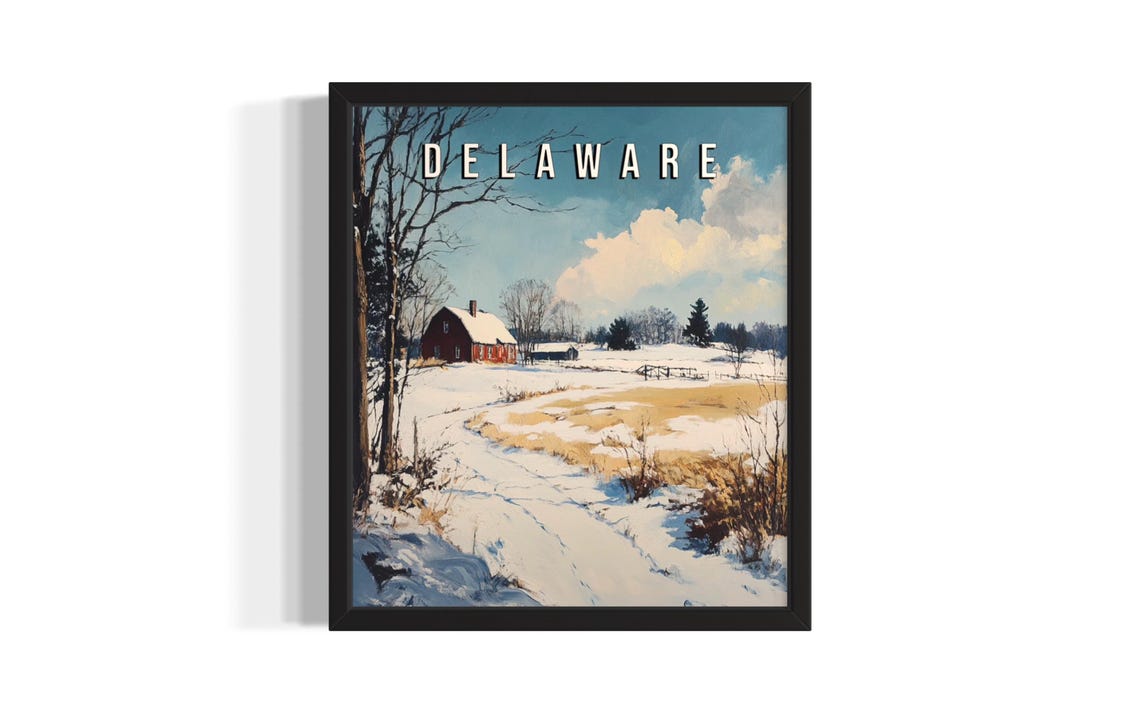 Delaware Winter Snowy Red Barn Field Blue Sky Vintage Poster