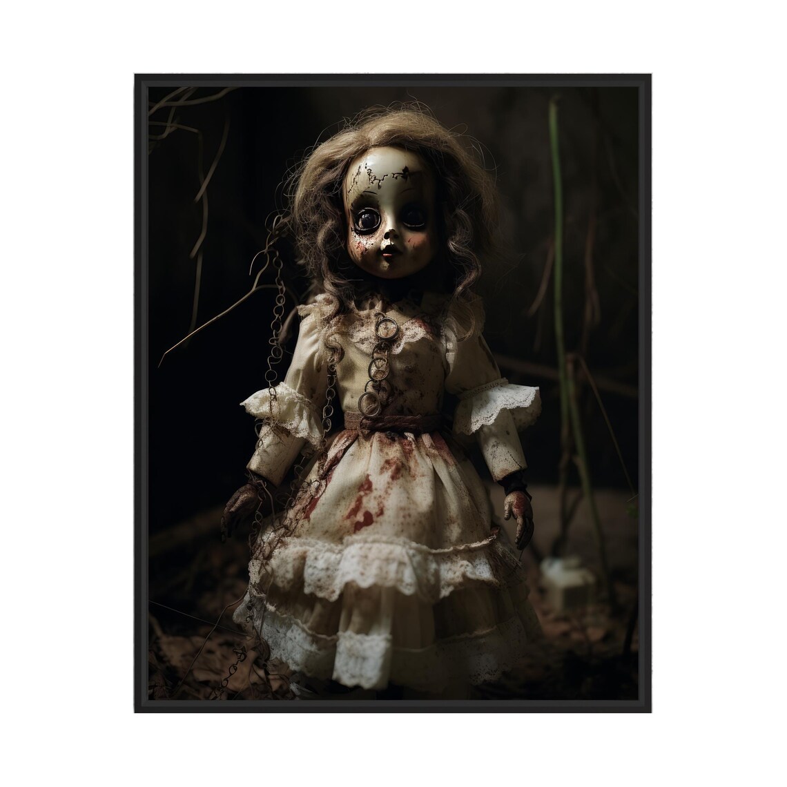 Possessed Cracked Porcelain Doll Horror Portrait Creepy Poster
