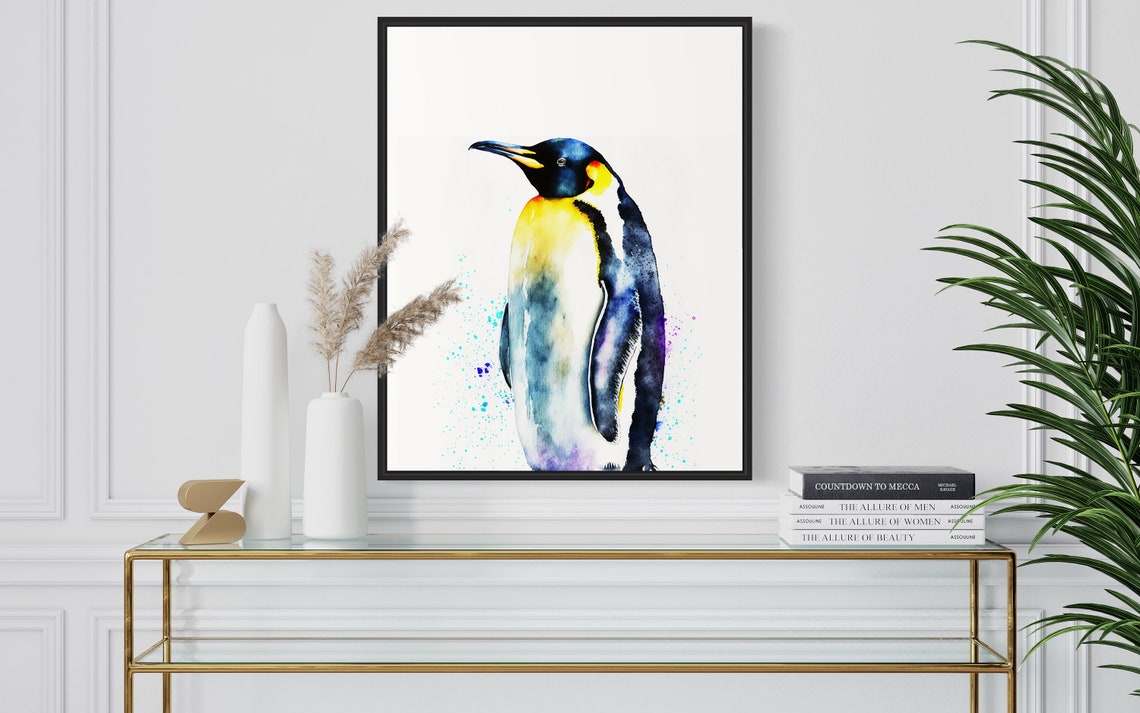 Regal Emperor Penguin Standing Blue Gold Watercolor Bird Poster