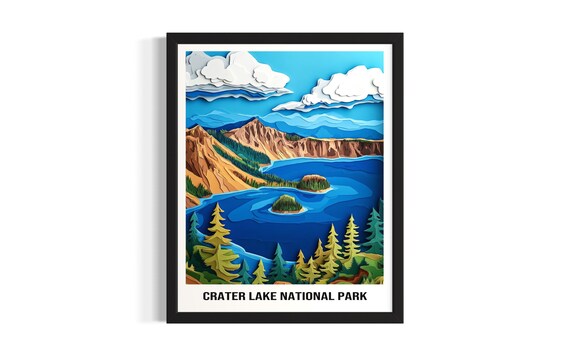 Crater Lake National Park 3D Paper Cut Blue Lake Scene Poster