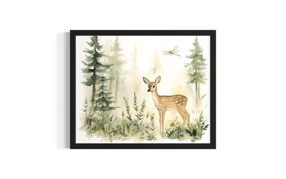 Deer And Dragonfly Animal In Harmony Forest Wildlife Poster Art Print Living Room Wall Original Painting Artwork Decor