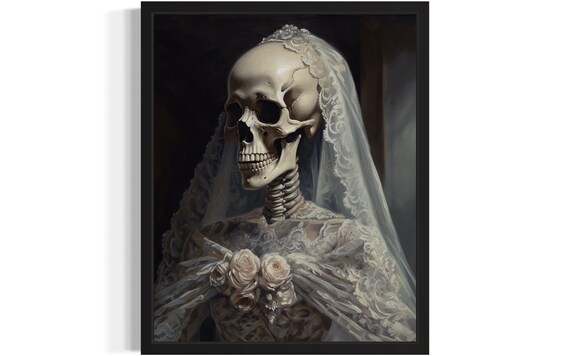Skeleton Bride In White Lace Veil And Wedding Gown Painting Poster