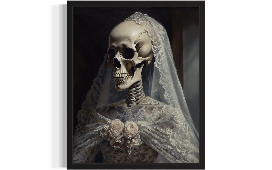 Skeleton Bride In White Lace Veil And Wedding Gown Painting Poster