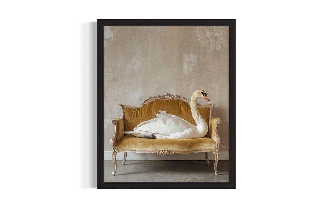 White Swan Resting on Mustard Velvet Sofa Elegant Art Poster