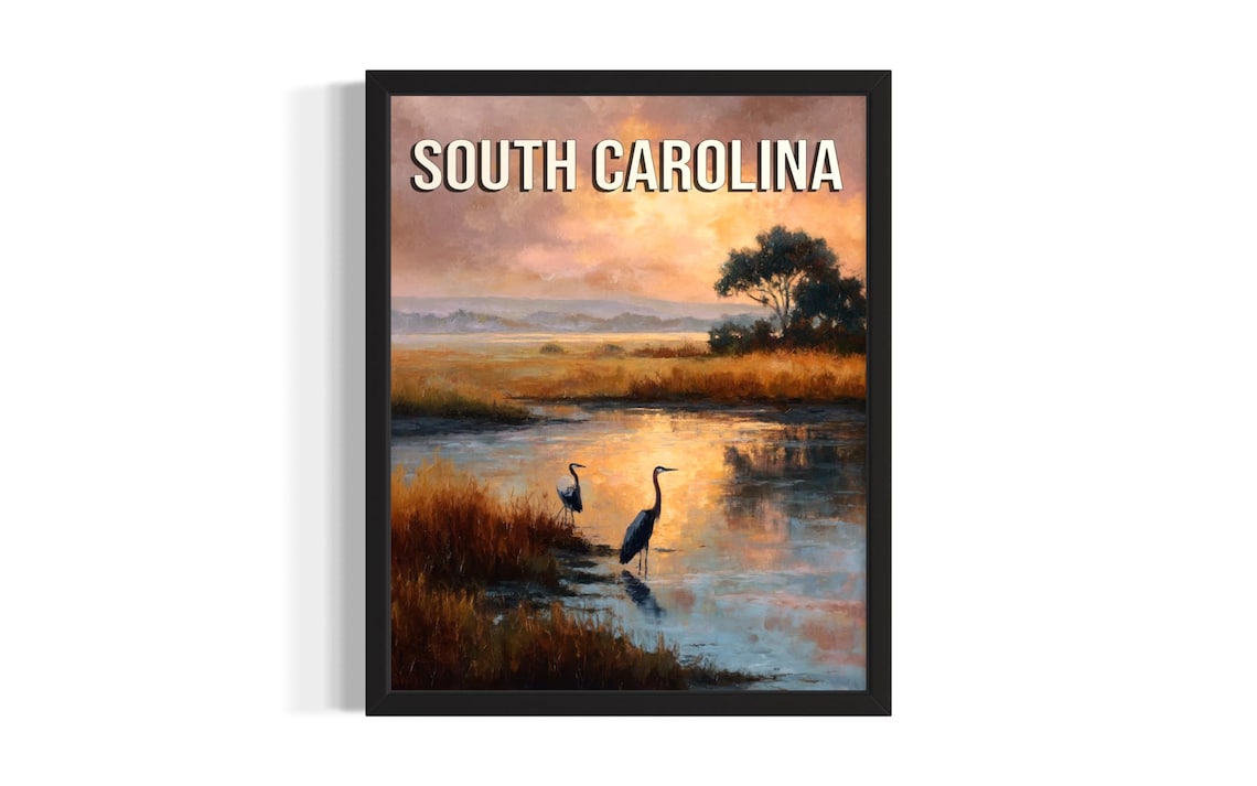 South Carolina Marsh Sunset Herons Wading Wetland Wildlife Art Poster