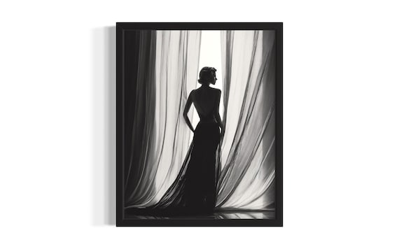 Black and White Woman Silhouette Evening Gown Sheer Curtain Fashion Poster