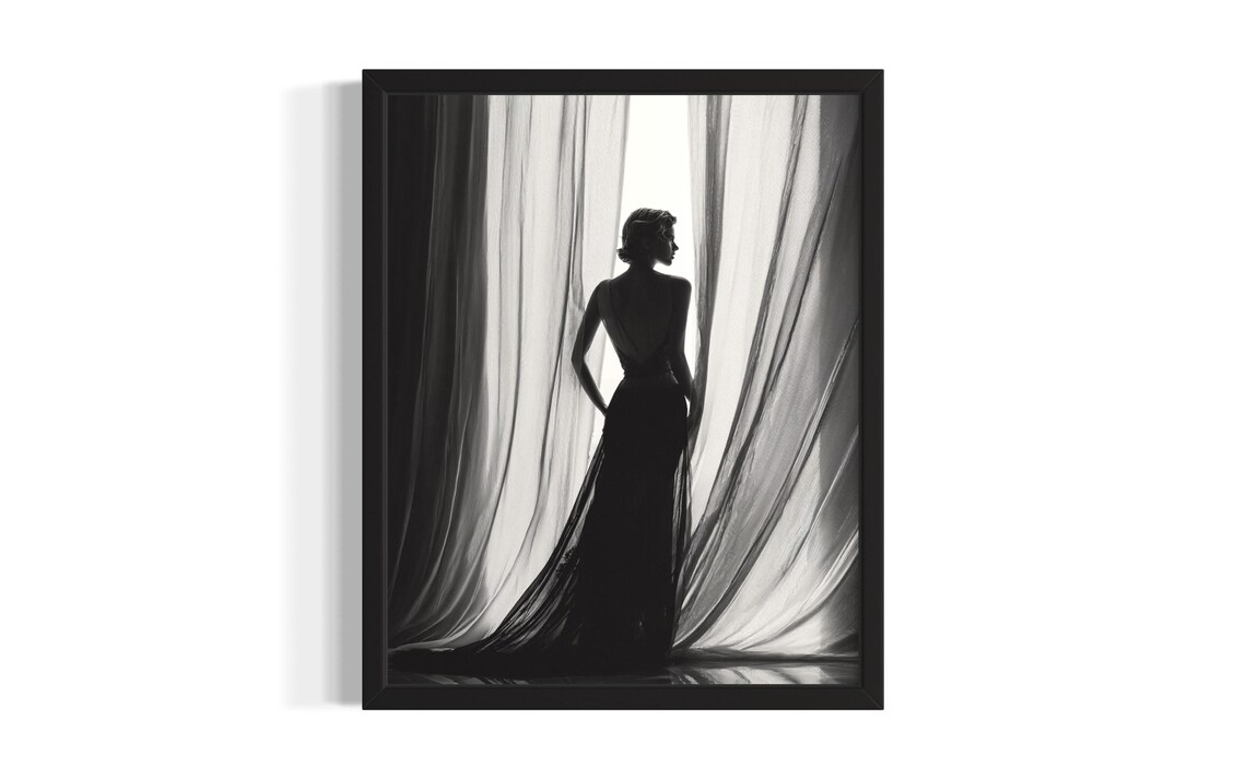 Black and White Woman Silhouette Evening Gown Sheer Curtain Fashion Poster