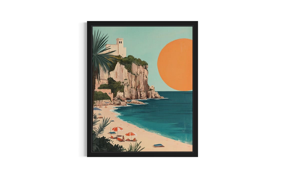 Sardinia Beach Vintage Sunset Poster Cliffside Tower Umbrellas
