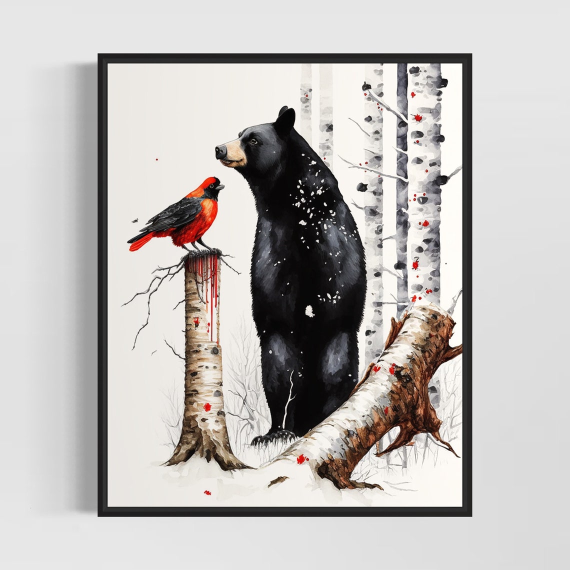 Black Bear and Red Bird in Birch Forest Winter Watercolor Art Poster