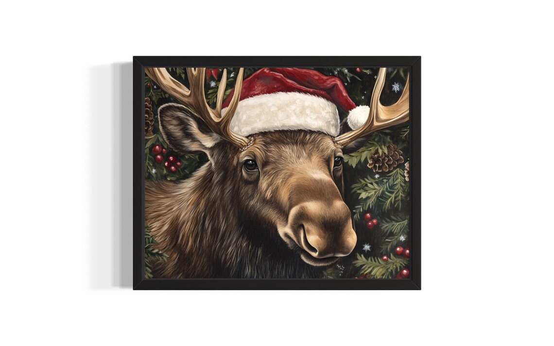 Christmas Moose with Antlers in Santa Hat with Pinecones Poster