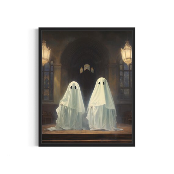 Two Ghosts Standing in Gothic Church Hall Spooky Halloween Poster