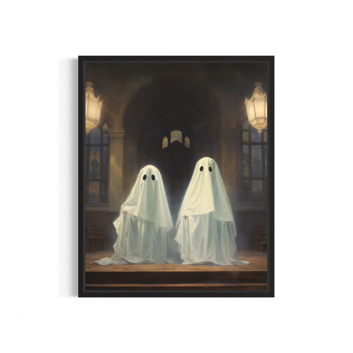Two Ghosts Standing in Gothic Church Hall Spooky Halloween Poster