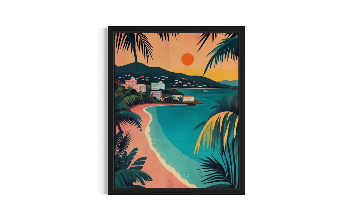 US Virgin Islands Beach Sunset Poster Tropical Bay Town Palms