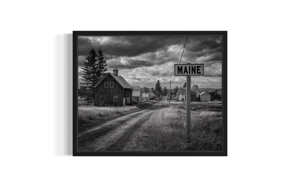 Maine Rural Road Barn MAINE Sign Black and White Photo Style Poster