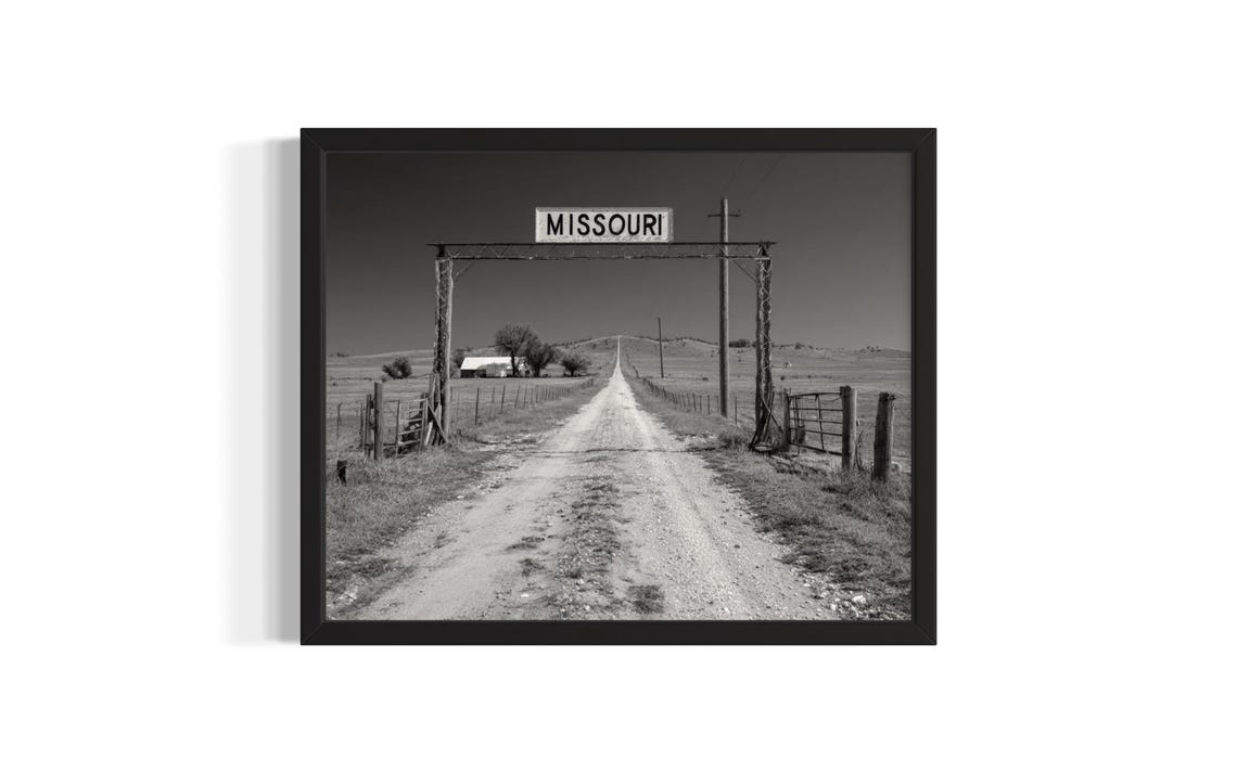 Missouri Dirt Road Gate Sign Black and White Photography Art Poster