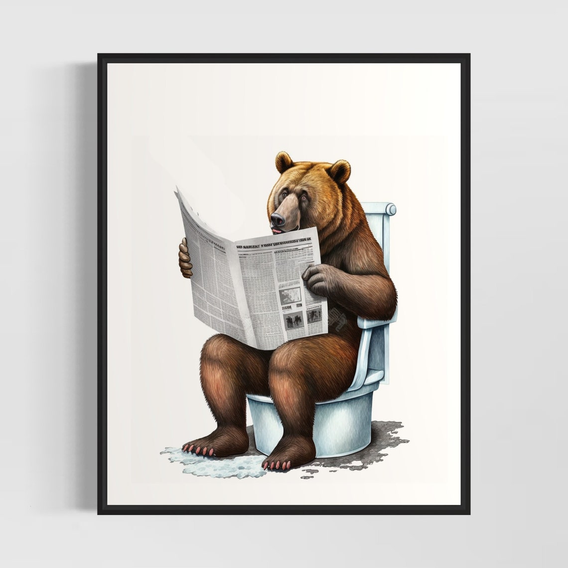 Funny Bear Sitting On Toilet Reading Newspaper Comedy Poster