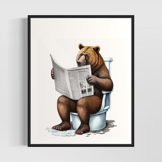 Bear Reading Newspaper On Toilet Funny Bathroom Humor Poster