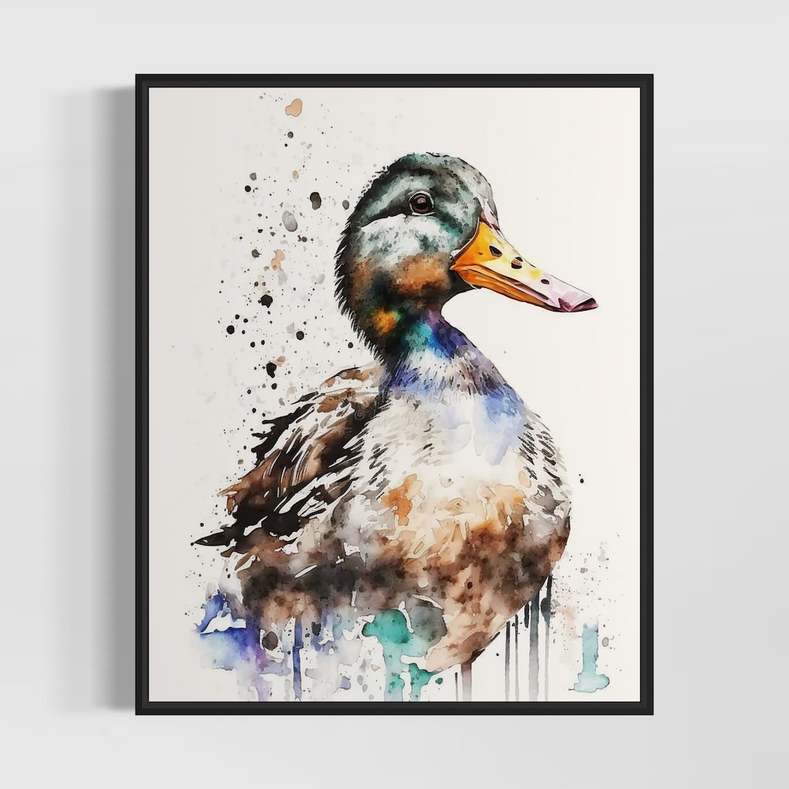 Wild Duck with Yellow Bill Watercolor Splash Portrait Art Poster