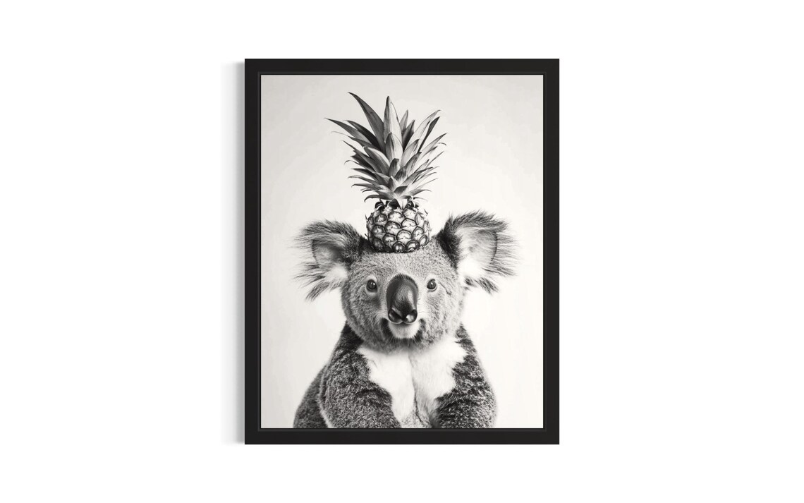 Koala Pineapple Hat Black and White Funny Animal Portrait Poster