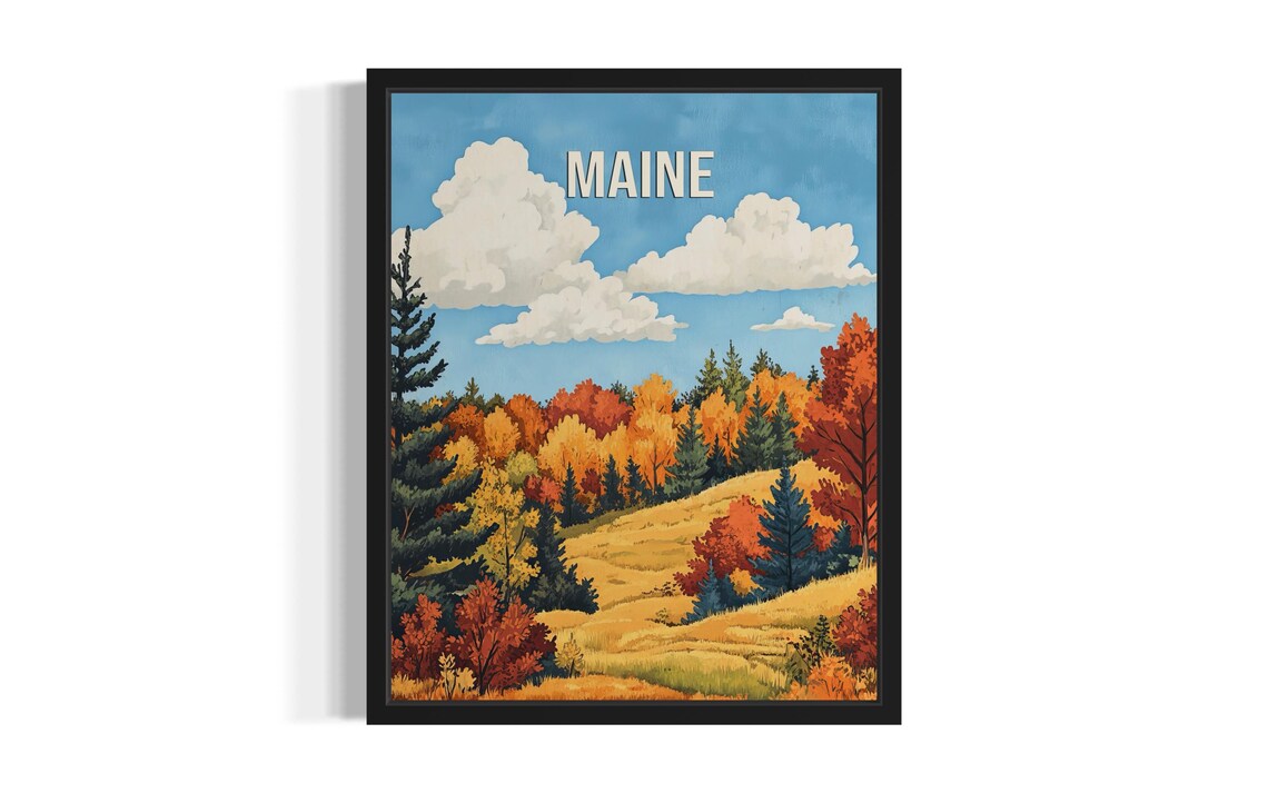 Maine Autumn Foliage Golden Forest Hills Vintage Travel Poster Art