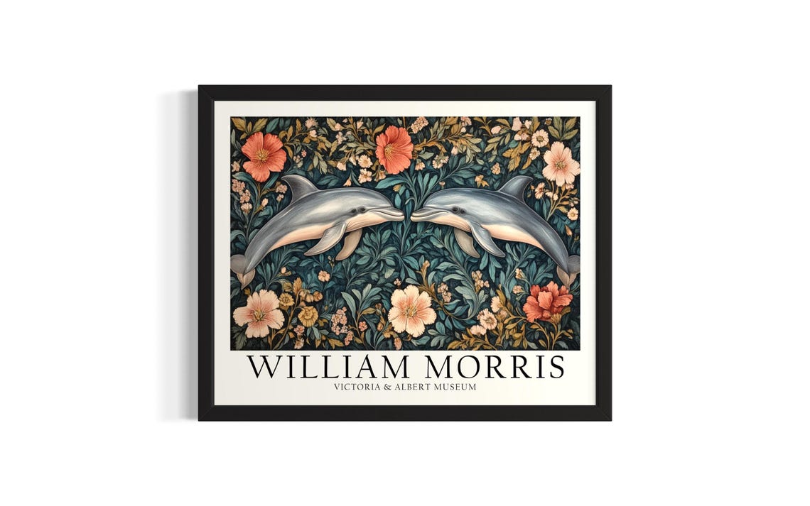 Two Dolphins Facing Off in a Floral William Morris Style Art Poster