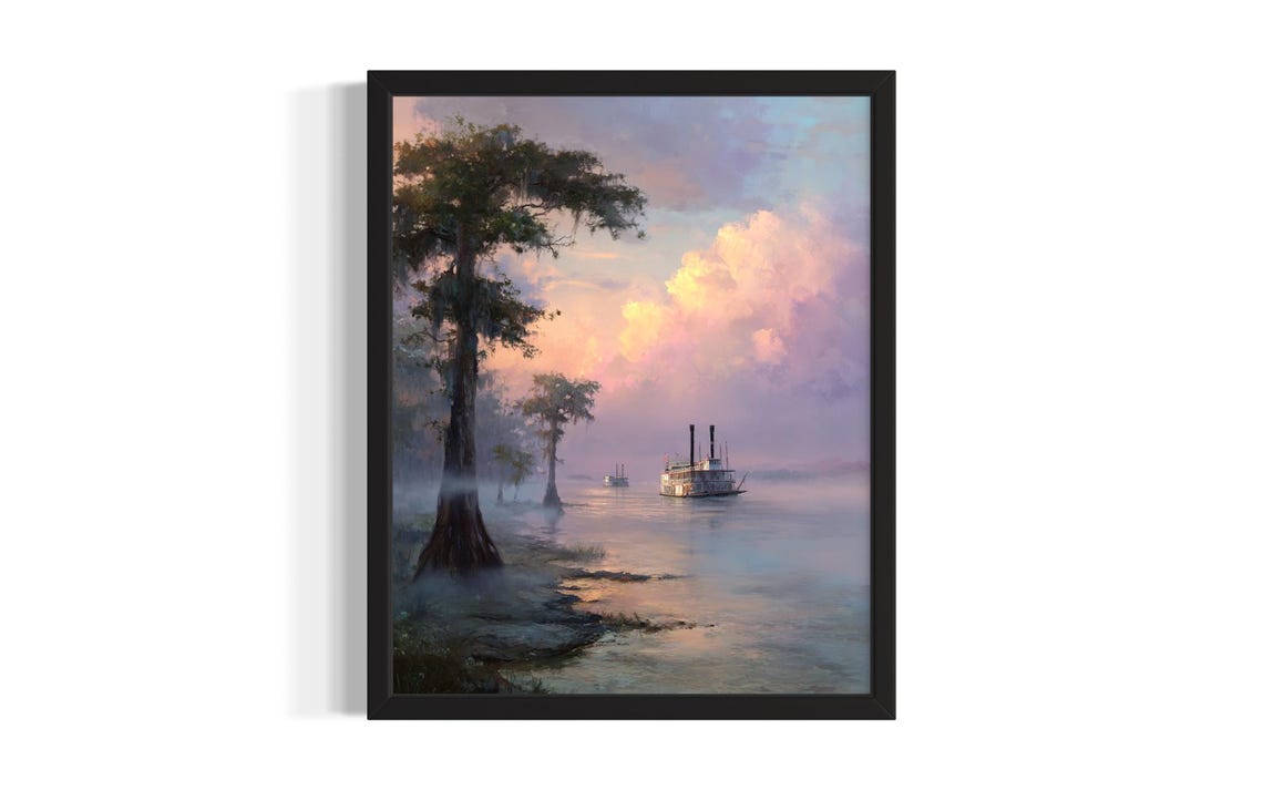 Mississippi River Steamboat Sunset Cypress Trees Oil Painting Poster
