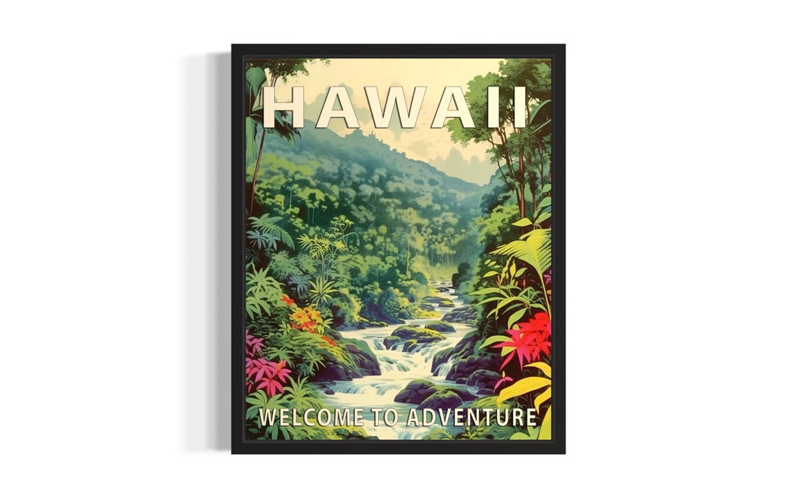 Hawaii Welcome To Adventure Vintage Jungle Waterfall Travel Poster