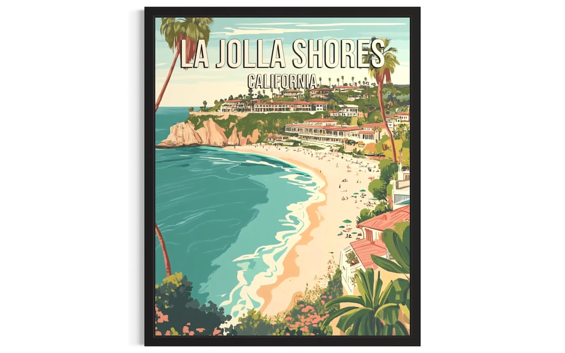 La Jolla Shores California Vintage Travel Poster Cove Cliffs Sun