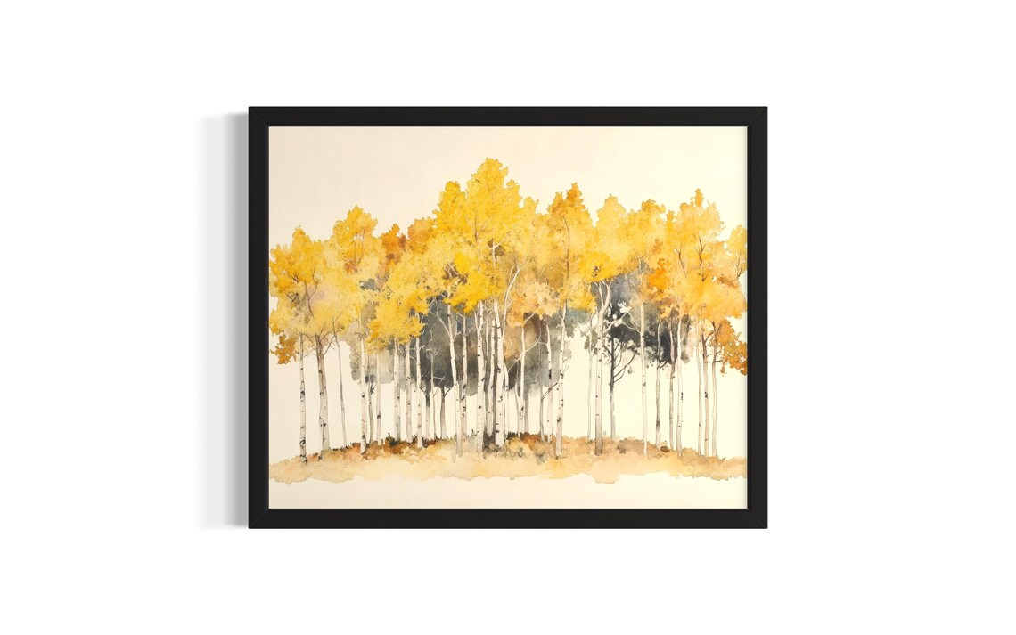 Autumn Aspen Trees Watercolor Golden Fall Foliage Grove Wall Art