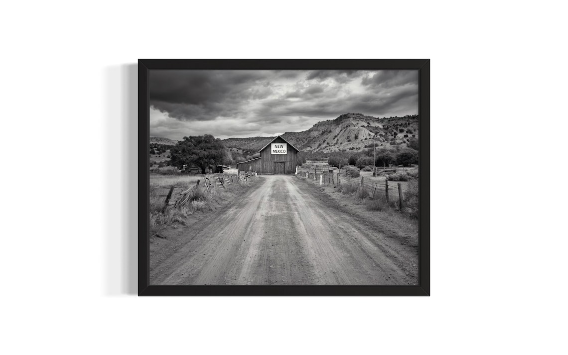 New Mexico Barn Sign Black and White Country Road Photography Wall Art