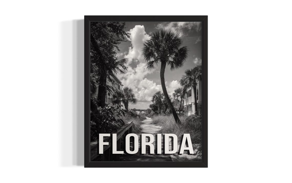 Florida Black White Palm Tree Boardwalk Vintage Photo Poster