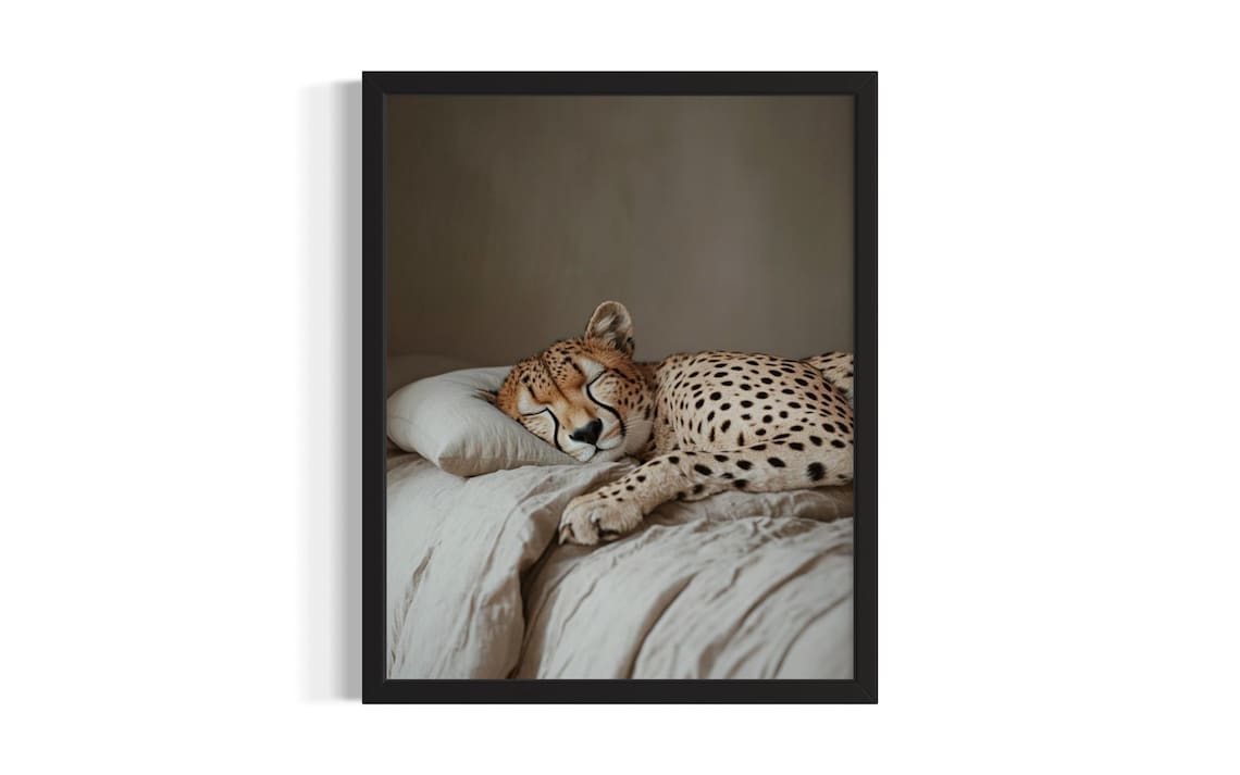 Cheetah Sleeping on a Pillow in a Warm Minimal Bedroom Poster