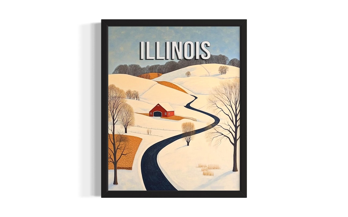Illinois Snowy Winter Hills Red Barn Curved Road Travel Poster