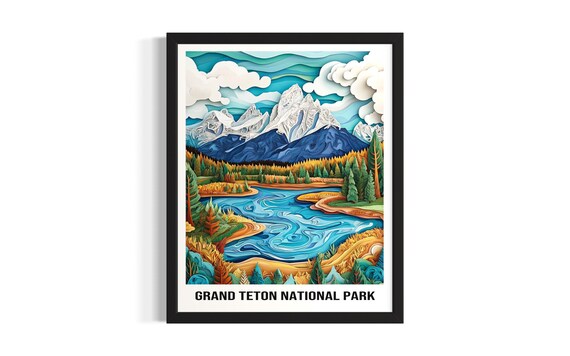 Grand Teton National Park 3D Paper Cut Mountain Lake Scene Poster
