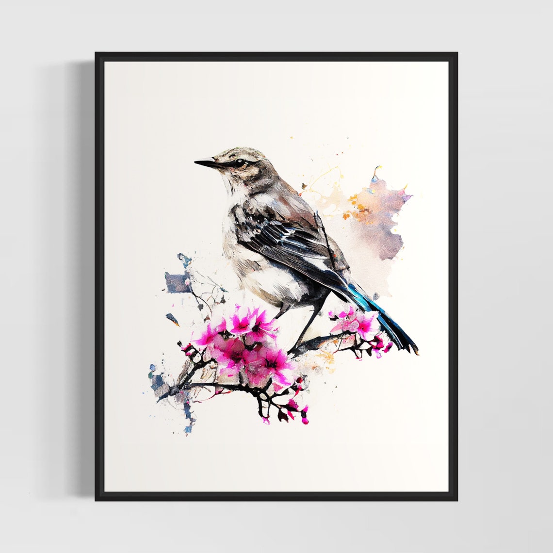 Mockingbird Perched On Pink Cherry Blossom Branch Watercolor Poster
